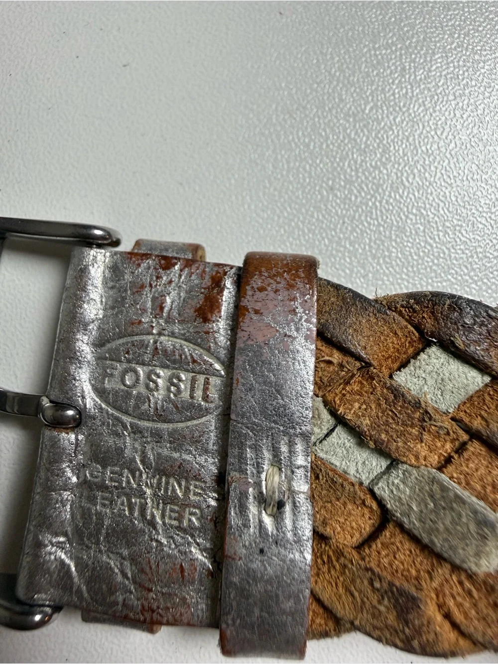 Fossil Vintage Braided Leather Cuff Watch Silver Wide Band‎ Date AS IS